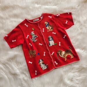 Vintage Dog Sweater Top Button Front Short Sleeve German Shepherd Collie Large